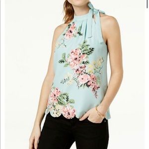 Maison Jules aqua floral scalloped blouse